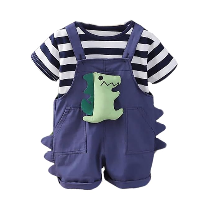 Kids Dinosaur Dungaree Set with Striped T-Shirt Cotton Funky Summer Outfit for Infant Toddler Kids Boy Girl