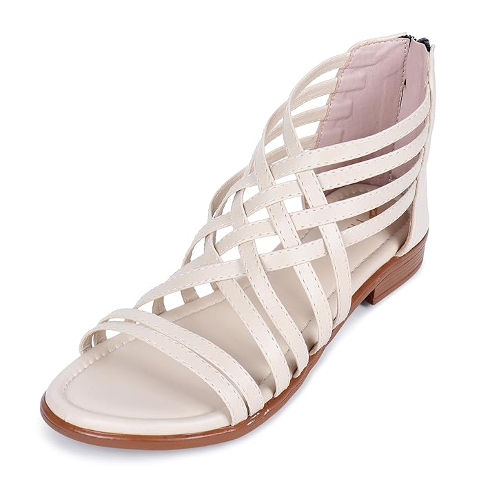 Gladiator Sandals With Zip Closure Flats For Woman And Girls - Women Sandals - Stylish And Trendy Strappy Design Flat Footwear For College, Office And Beach Wear