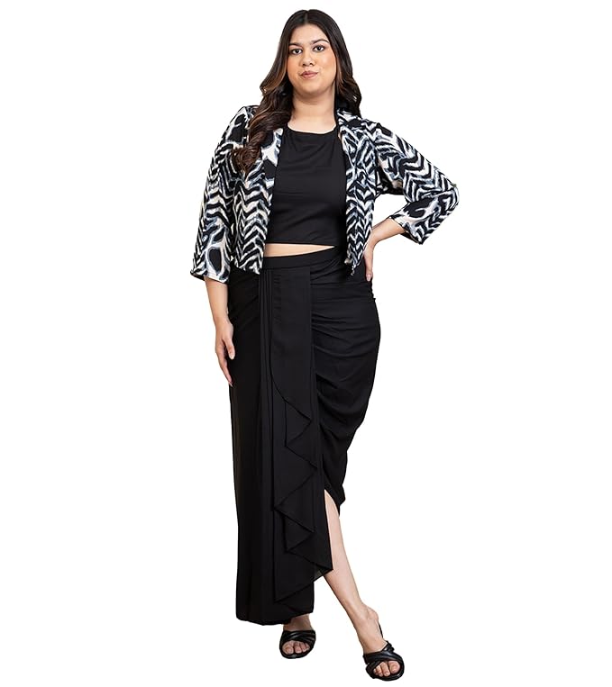 Animal Print Summer Cool Blazer & Solid Dhoti Pants with Crop Top Plus Size Indo Western Set for Women's|