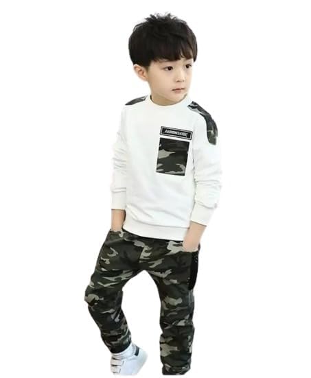 Boy's Army Printed Lycra Blend Round Neck T-shirt and Full-Sleeved With Trouser Set with Side Pockets