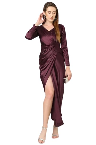 Women's Wine Shiny Satin Drape Dress – Elegant Deep V-Neck, Bodycon Cocktail Party Dress Full Sleeves