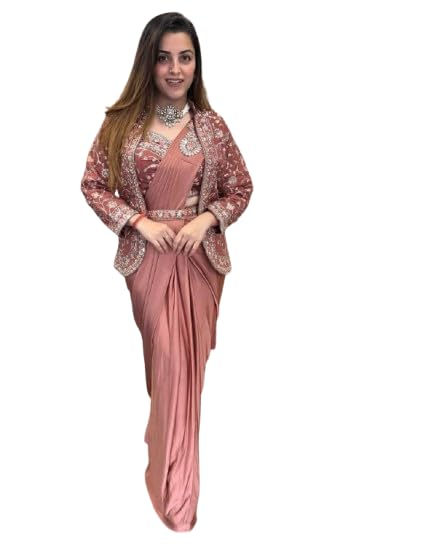 Women’s Elegant Teal Green Draped Saree With Embroidered Jacket And Designer Blouse For Party Look Indo Western Fusion Set