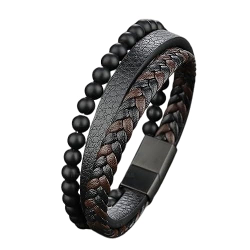 Black Leather Bracelet for Men Boys Magnetic-Clasp Evil Eye Bracelets for Men Stylish Combo Silver Stainless Steel Birthday Gift