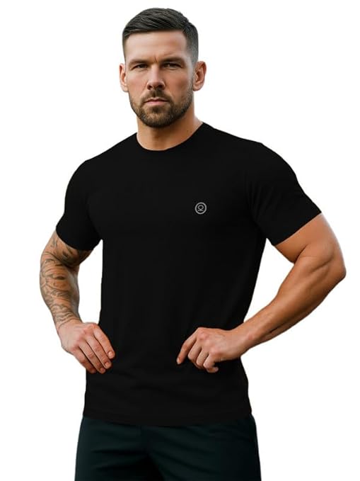 Men Polyester Solid Quick Dry Half Sleeve Regular Fit Round Crew Neck Active Sportswear