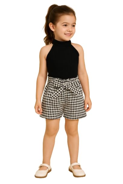Baby Girls Solid Cotton Blend Style Top and Shorts Set for kids (Black & White)