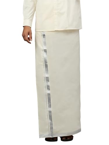 Men Kora 1" Silver Jari Border Double Layer Dhoti Silver Mark