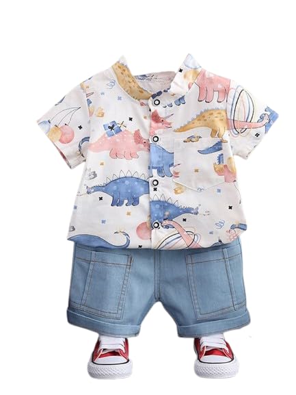 Baby Boys Half Sleeve Dinosaur Printed Cotton Shirt with Shorts Clothing Set for Kids