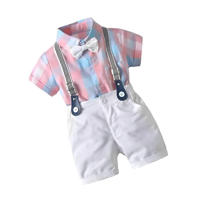 Boys Printed Cotton Short Sleeve Collared Neck Ethnic Wear Spandex Shirt & Shorts with Bow tie