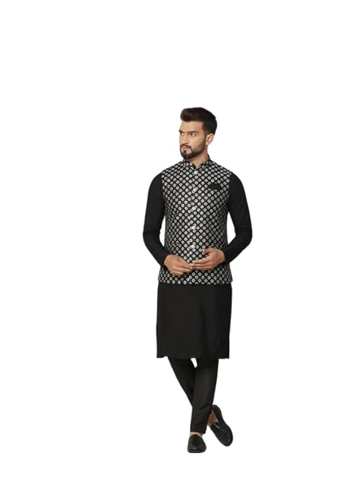 Men's Kurta Jacket Trouser Set, Olive Jacquard, Woven Design Long Sleeves Regular Fit Mandarin Collar
