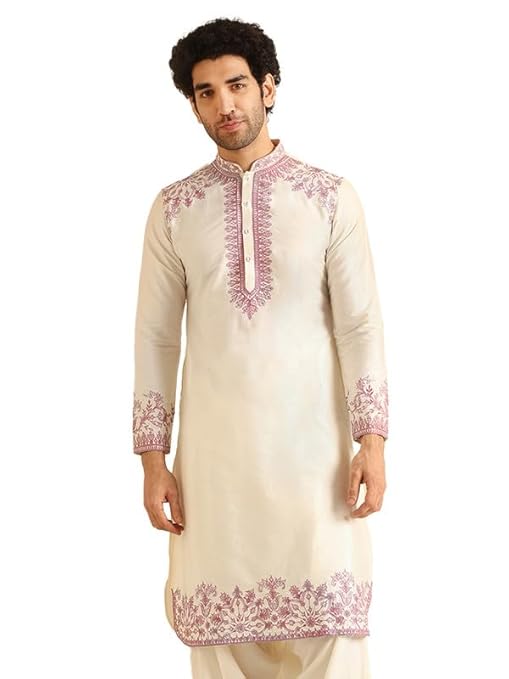 Men's Kurta, Black Cotton Blend, Embroidered Mandarin Collar Regular Fit Long Sleeves