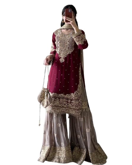 Georgette Dress Set with Embroidery, Dori Work, Sequins, Top Bottom Dupatta