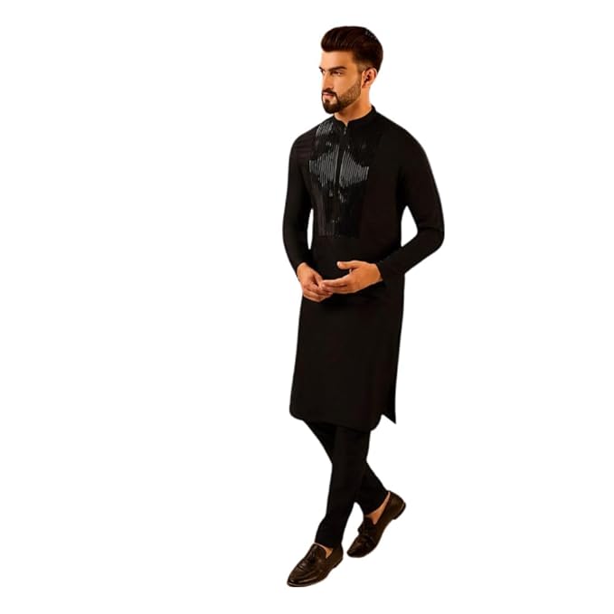 Men's Kurta, Navy Blue Cotton, Embellished Regular Fit Long Sleeves Mandarin Collar Kurta for Men for Men