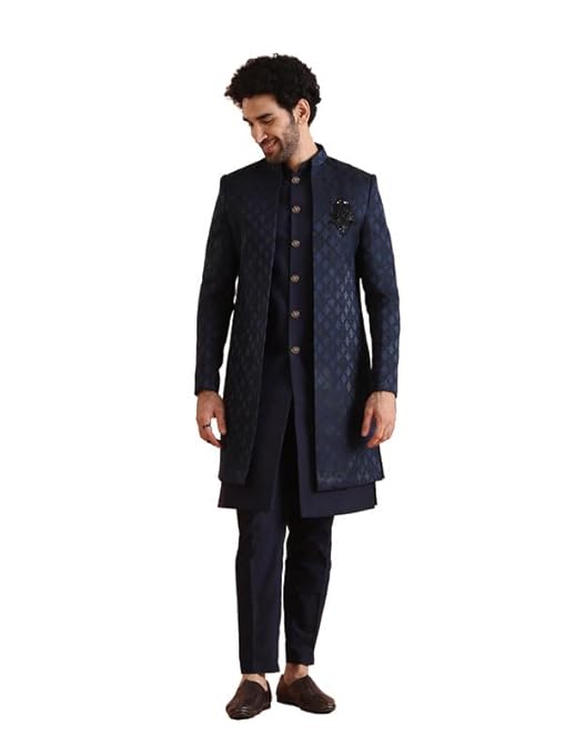 Mens Jacket Sherwani Trouser Set|Silk Blend Fabric Jacquard Pattern Indo-Western Sherwani Set