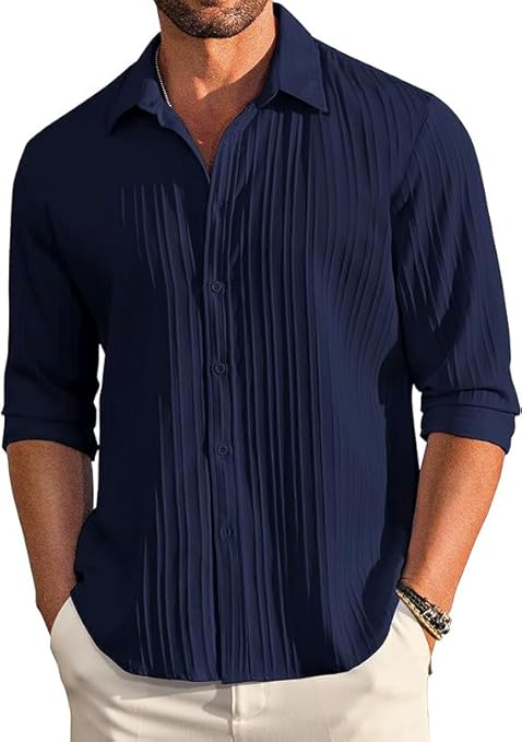 Men's Casual Button Down Shirts Long Sleeve Linen Shirt Fashion Textured Beach Summer Shirts| Men Stylish Shirt