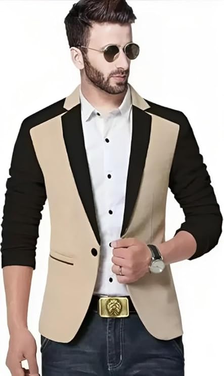 Men's Single Breasted Casual, Formal, Party, Wedding Blazer, Black and Beige