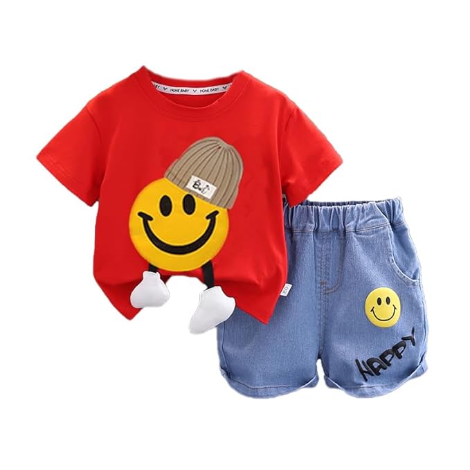Unisex Kid Cotton Solid Playful Happy Face Print Half Sleeve T-Shirt & Denim Shorts Summer Clothing Set