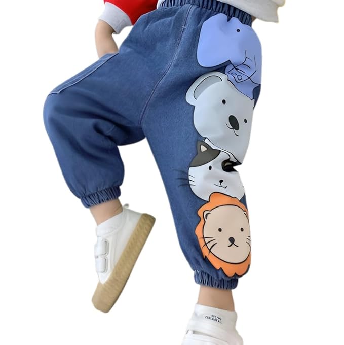 Boys Mid Rise Googa Gaaga Denim Joggers With Cute Cartoon Prints |