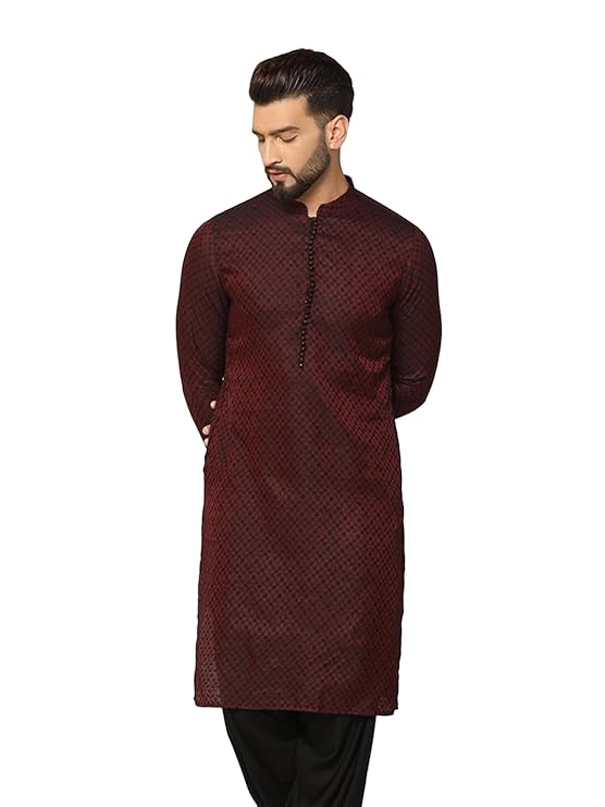 Mens Printed Silk Blend Jacquard Kurta