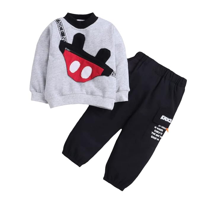 Boys Cotton Text Print Top And Jogger Set in Grey Color