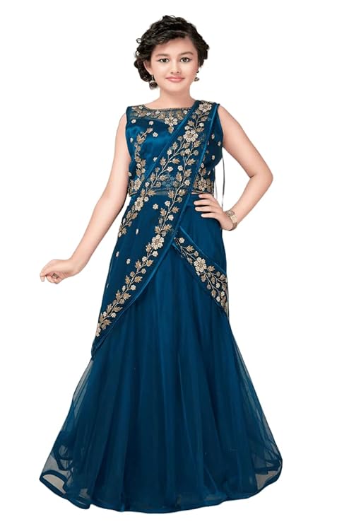 Girls Polyester Blend New Stone And Embroidery Work Half Saree Styled Kids Readymade Lehenga