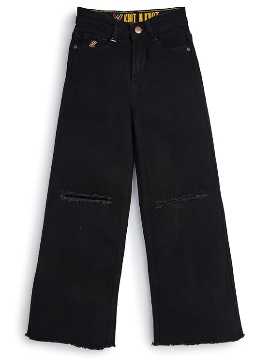 Girls' Kids Premium Black Wide Leg Flared Fit Relaxed Loose high Rise Torn Ruptured Jeans | Regular Casual Festival Occassional wear |
