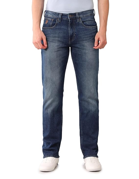 Men's Blue Soild Mid Rise Medium Wash Button Stretchable Cotton Slim Fit Jeans