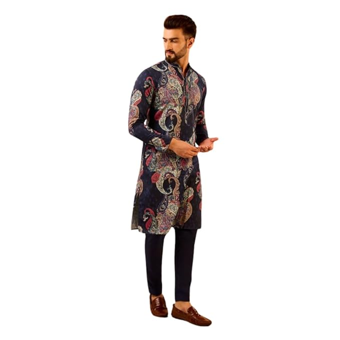 Men's Navy Blue Jacquard Cotton Kurta- Regular Fit Long Tunic with Mandarin Collar|Ethnic Wear