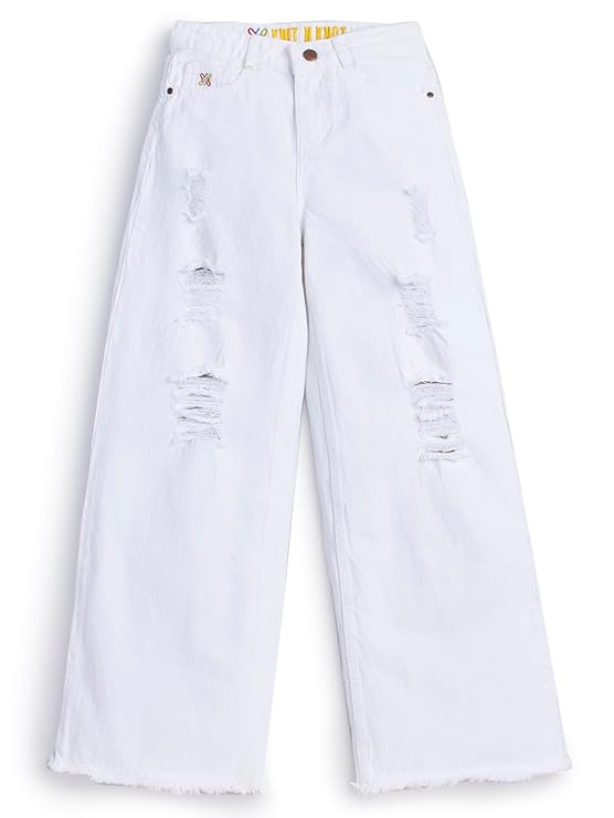 Girl's Kids Premium White Wide Leg Flared Fit Relaxed Loose Torn Ruptured High Waist Frayed Bottom Jeans |