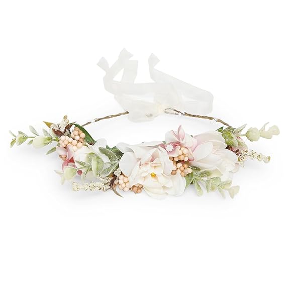 loral Hair Tiara for Girls & Women | Artificial Roses & Greenery with Ribbon Tie | Elegant Crown for Weddings, Photoshoots