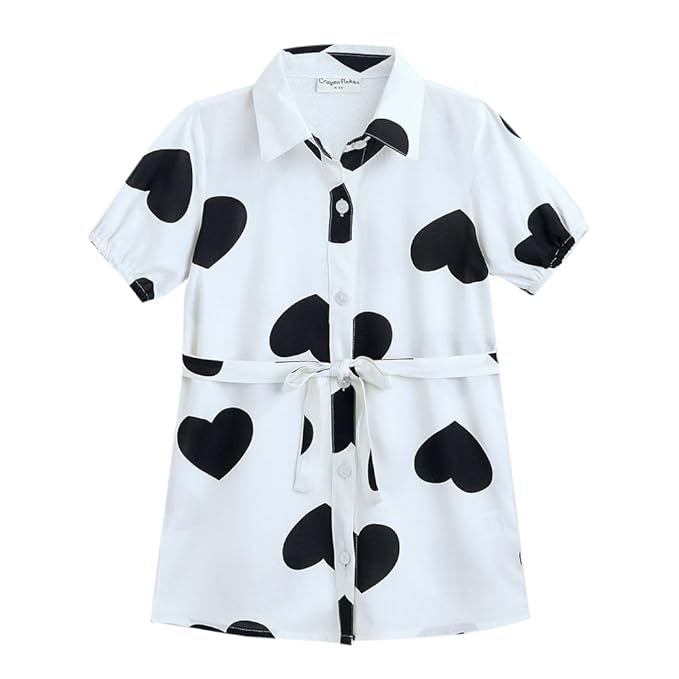 Girls White Short Sleeves Heart Casual Shirt Dress