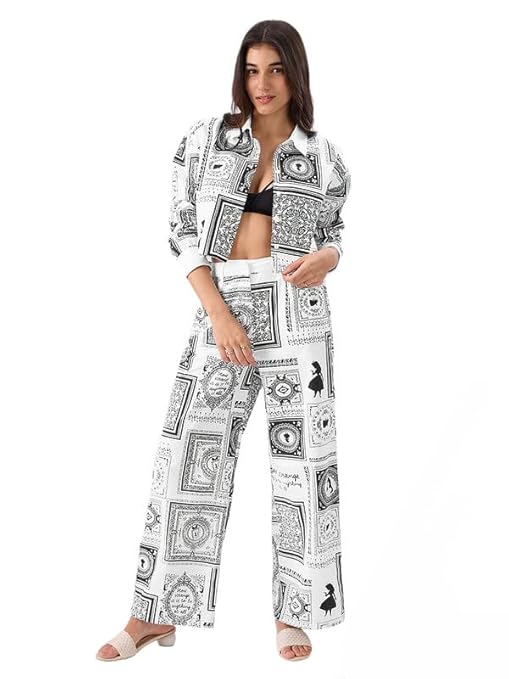 Coord Set for Women, Dress for Women, Women's Printed 2-Piece Coord Set - 3/4 Sleeve Crop Shirt with Wide-Leg Pants