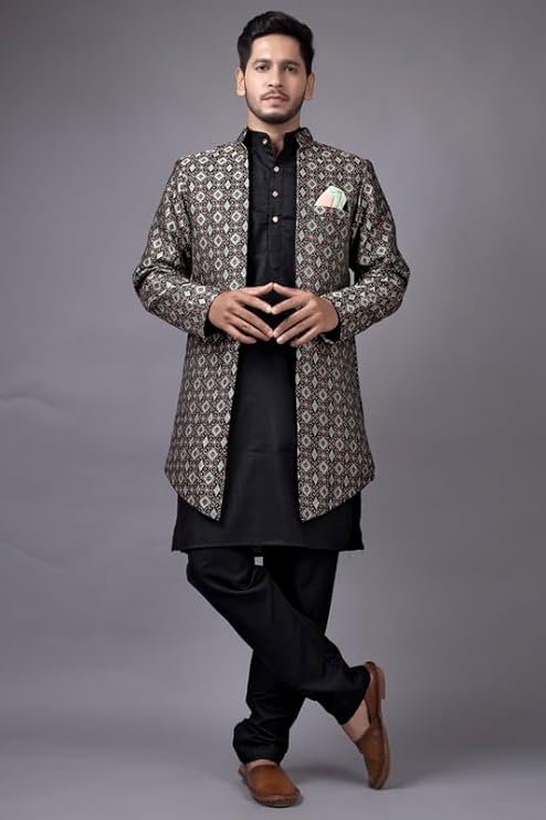 Men's Stylish Ethnic Wear Black Kurta Pajama Set with Long Jacket,