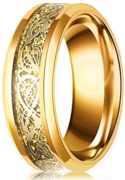 Steel Tungsten Rings for Women Men Wedding Bands Celtic Dragon Carbon Fiber Inlay Beveled Edges Polished Comfort Fit
