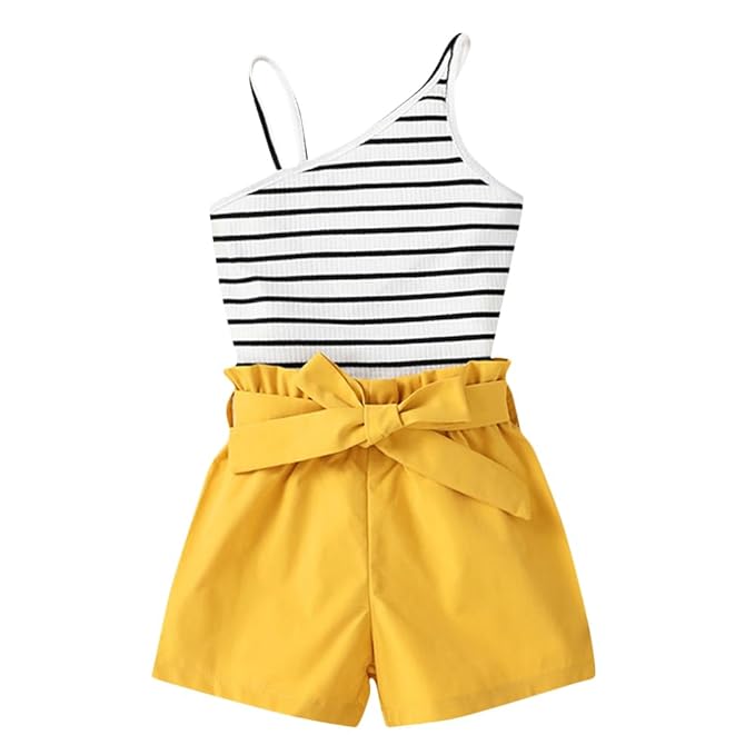 Girl's Polyester Striped Spandex Stripe Print Vest and Shorts Set
