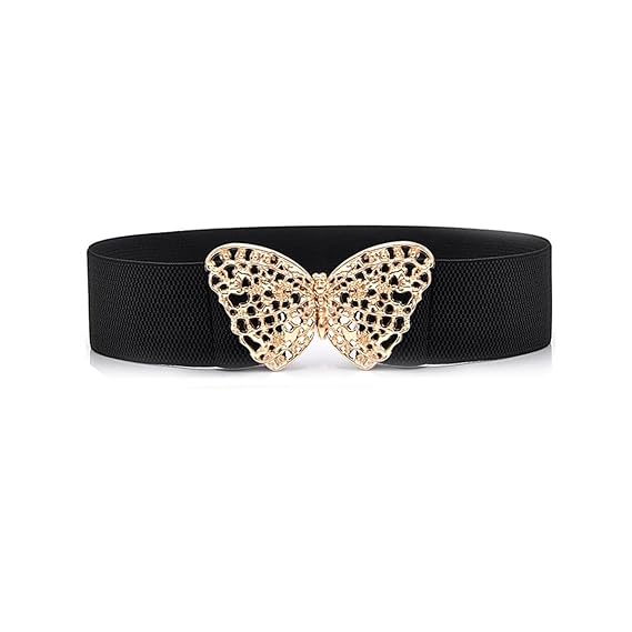 Waist Belt for Women, Wide Stretchy Black Belt for Women Dresses, Fashion Metal Leaf/Butterfly Interlock Buckle Ladies Belt for Dress Jumpsuit Blouse
