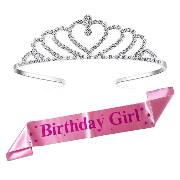Birthday Tiara Crown with Sash for Women, Headband Hair Accessories for Wedding Party