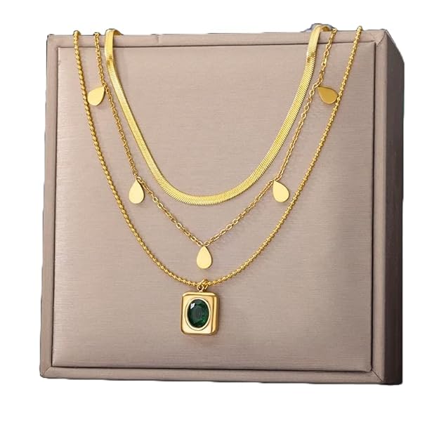 Stainless Steel Three Layered Emerald Necklace For Women, Multi Chain Necklace, 18K Gold Plated Necklace, Valentines Gift for Girlfriend, Gifts for Women, Valentines day Gift for women