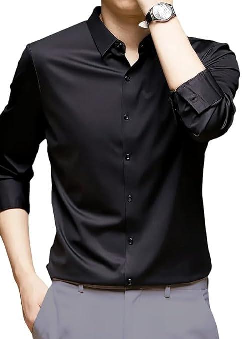 Men's Silk Satin Dress Shirts for Men Long Sleeve Button Down Shirts Party Prom Wedding Shirt Top