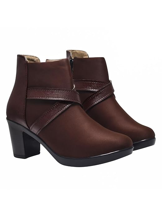 Women's Ankle Boots with Block Heel and Cross Strap Design – Stylish Comfortable Casual & Party Footwear