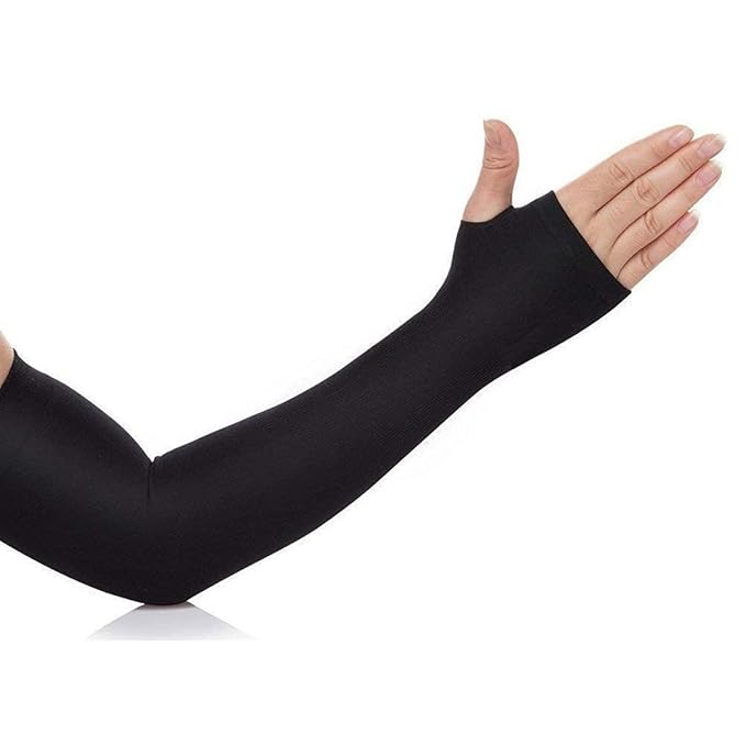 Arm Sleeves UV Protection Cooling with Thumb Holes, Black, Fingerless Design, 1 Pair