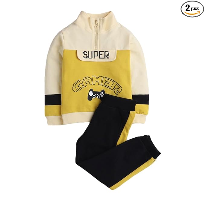 Cotton Boys Text Print Top Joggers Set In Yellow Color For Ages 3-4 Years