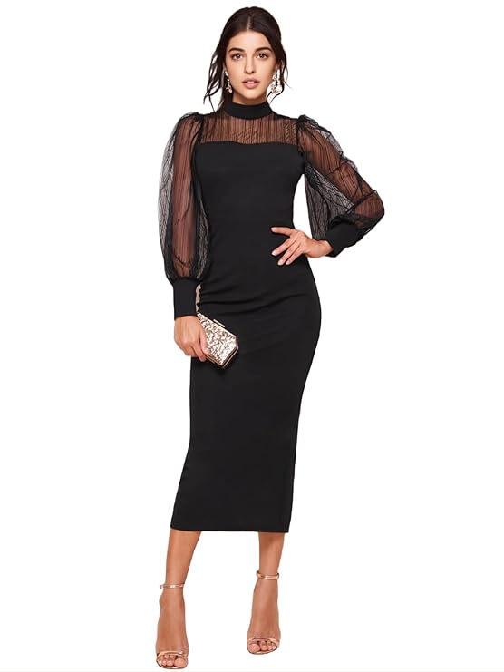 Women's Polyester Bodycon Maxi Dress with Net Full Sleeves Round Neck Self Design Pattern and Bodycon Style | Maxi Dress for Women