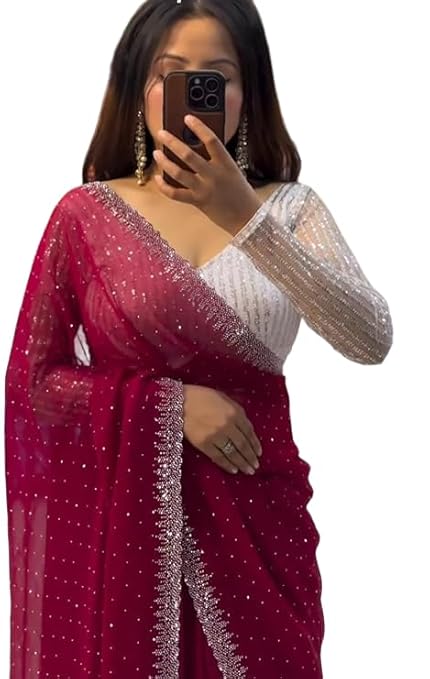 Womens New Latest Georgette Hot Fixing Swaroski Stone Work Designer Saree with Fancy Blouse