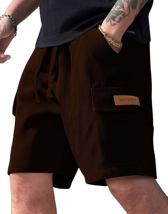 Authentics Classic Men's Ribbed Polycotton Relaxed Fit Cargo Stretch Shorts || Half Pant with Drawstring & 4 Pockets