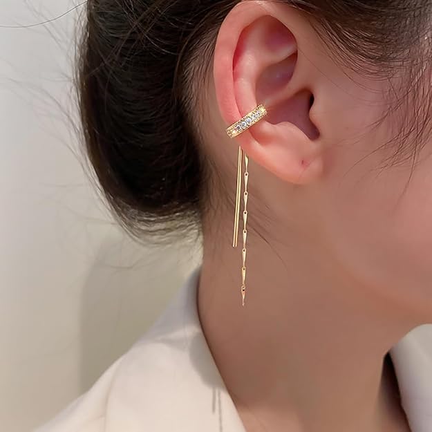 Cuff for Women Girls Rhinestone Long Tassel Ear Clip on Cartilage Sparkling Non-Piercing Cuff Earrings Chain Jewelry Gifts
