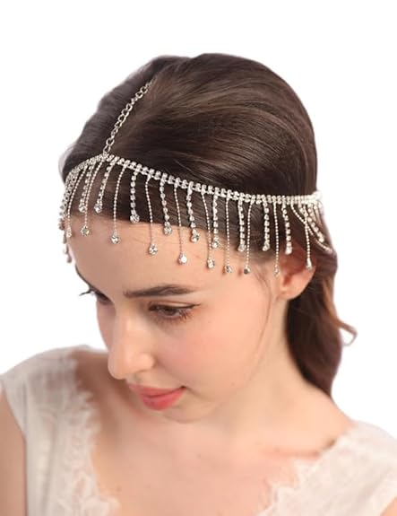 1 Pcs Luxurious Crystal Head Chain Silver Rhinestone Tassel Head Chain Boho Headpiece Rhinestone