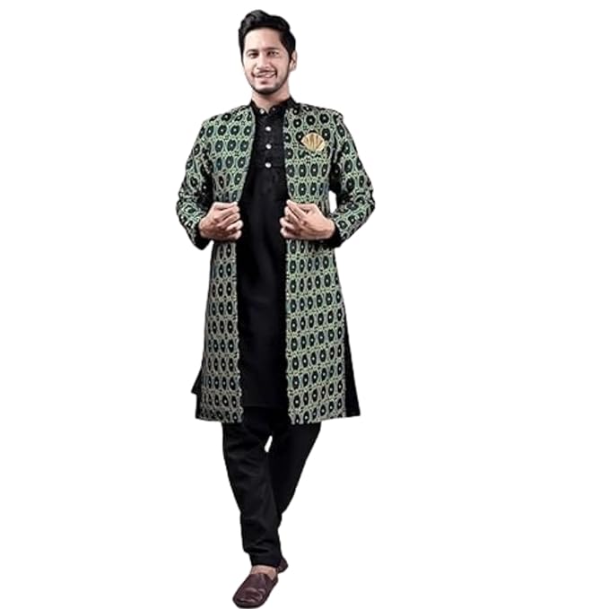 Stylish Ethnic Wear Stand Collar Full Sleeve Black Kurta Pajama with Long Jacket Set