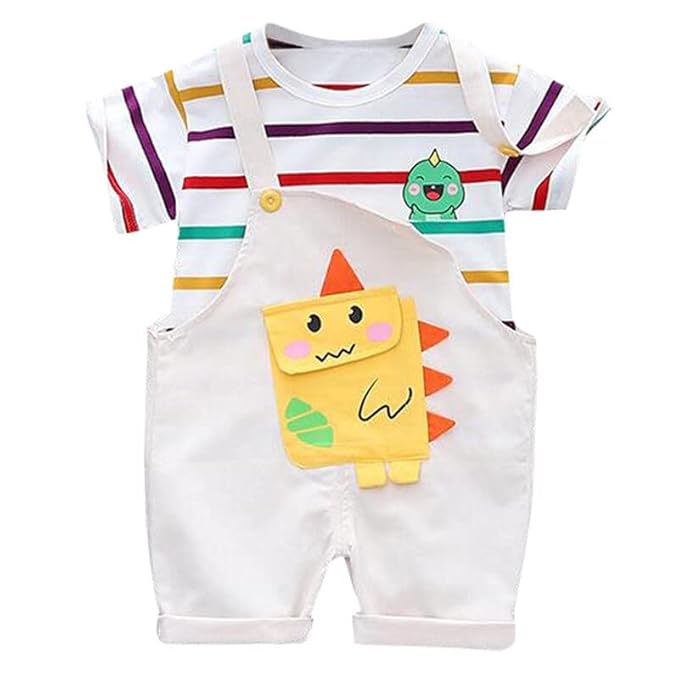 Kids Denim Printed Cute Funky Dinosaur Cartoon Stripe Print Happy Face Half Sleeve T-Shirt with Dungaree Bibshorts