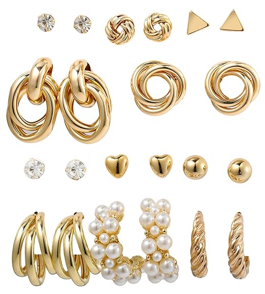 11 Pairs Combo Set Celebrity Inspired Latest Trendy Stylish Gold Plated Geometric Twist Pearl Hoop Dangle Earrings for Women and Girls