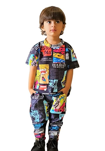 KidsCotton Lycra Blend Printed T-shirt and Trouser Pant Combo Set for Casual Wear for boys (Blue, 7 Year)